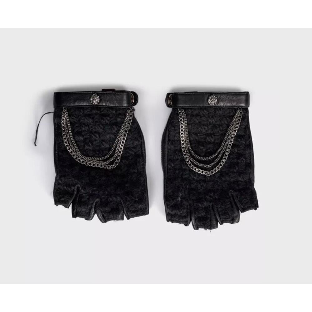 Chanel Black Leather Chain Detail Fingerless Gloves Mittens Sz.7.5